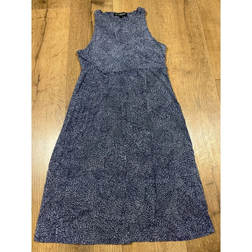 Athleta Navy Blue White Dash‎ Print Sleeveless Empire Waist Dress Small